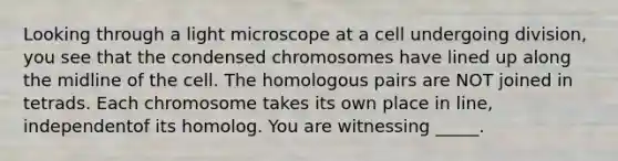 Looking through a light microscope at a cell undergoing division, you see that the condensed chromosomes have lined up along the midline of the cell. The homologous pairs are NOT joined in tetrads. Each chromosome takes its own place in line, independentof its homolog. You are witnessing _____.