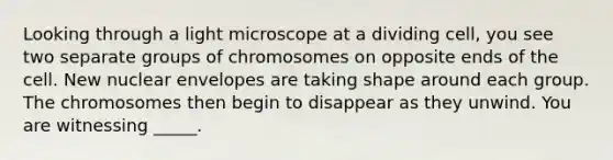 Looking through a light microscope at a dividing cell, you see two separate groups of chromosomes on opposite ends of the cell. New nuclear envelopes are taking shape around each group. The chromosomes then begin to disappear as they unwind. You are witnessing _____.