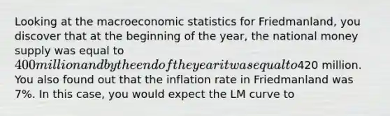 Looking at the macroeconomic statistics for Friedmanland, you discover that at the beginning of the year, the national money supply was equal to 400 million and by the end of the year it was equal to420 million. You also found out that the inflation rate in Friedmanland was 7%. In this case, you would expect the LM curve to