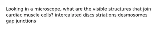 Looking in a microscope, what are the visible structures that join cardiac muscle cells? intercalated discs striations desmosomes gap junctions