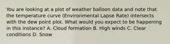 You are looking at a plot of weather balloon data and note that the temperature curve (Environmental Lapse Rate) intersects with the dew point plot. What would you expect to be happening in this instance? A. Cloud formation B. High winds C. Clear conditions D. Snow