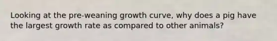 Looking at the pre-weaning growth curve, why does a pig have the largest growth rate as compared to other animals?