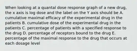 When looking at a quantal dose response graph of a new drug, the x axis is log dose and the label on the Y axis should be A. cumulative maximal efficacy of the experimental drug in the patients B. cumulative dose of the experimental drug in the patients C. percentage of patients with a specified response to the drug D. percentage of receptors bound to the drug E. percentage of the maximal response to the drug that occurs at each dosage level