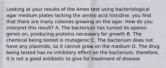 Looking at your results of the Ames test using bacteriological agar medium plates lacking the amino acid histidine, you find that there are many colonies growing on the agar. How do you interpret this result? A. The bacterium has turned its operon genes on, producing proteins necessary for growth B. The chemical being tested is mutagenic C. The bacterium does not have any plasmids, so it cannot grow on the medium D. The drug being tested has no inhibitory effect on the bacterium; therefore, it is not a good antibiotic to give for treatment of disease