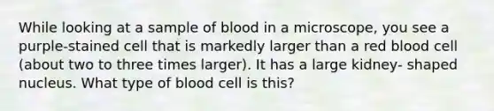 While looking at a sample of blood in a microscope, you see a purple-stained cell that is markedly larger than a red blood cell (about two to three times larger). It has a large kidney- shaped nucleus. What type of blood cell is this?