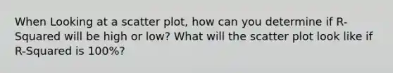 When Looking at a scatter plot, how can you determine if R-Squared will be high or low? What will the scatter plot look like if R-Squared is 100%?