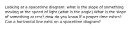 Looking at a spacetime diagram: what is the slope of something moving at the speed of light (what is the angle) What is the slope of something at rest? How do you know if a proper time exists? Can a horizontal line exist on a spacetime diagram?