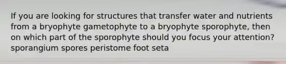 If you are looking for structures that transfer water and nutrients from a bryophyte gametophyte to a bryophyte sporophyte, then on which part of the sporophyte should you focus your attention? sporangium spores peristome foot seta