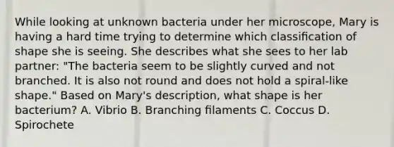 While looking at unknown bacteria under her microscope, Mary is having a hard time trying to determine which classiﬁcation of shape she is seeing. She describes what she sees to her lab partner: "The bacteria seem to be slightly curved and not branched. It is also not round and does not hold a spiral-like shape." Based on Mary's description, what shape is her bacterium? A. Vibrio B. Branching ﬁlaments C. Coccus D. Spirochete