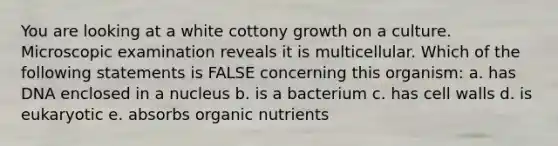 You are looking at a white cottony growth on a culture. Microscopic examination reveals it is multicellular. Which of the following statements is FALSE concerning this organism: a. has DNA enclosed in a nucleus b. is a bacterium c. has cell walls d. is eukaryotic e. absorbs organic nutrients