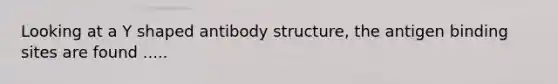 Looking at a Y shaped antibody structure, the antigen binding sites are found .....