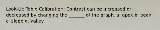 Look-Up Table Calibration: Contrast can be increased or decreased by changing the _______ of the graph. a. apex b. peak c. slope d. valley