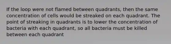 If the loop were not flamed between quadrants, then the same concentration of cells would be streaked on each quadrant. The point of streaking in quadrants is to lower the concentration of bacteria with each quadrant, so all bacteria must be killed between each quadrant