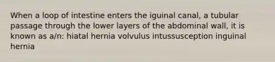 When a loop of intestine enters the iguinal canal, a tubular passage through the lower layers of the abdominal wall, it is known as a/n: hiatal hernia volvulus intussusception inguinal hernia