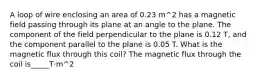 A loop of wire enclosing an area of 0.23 m^2 has a magnetic field passing through its plane at an angle to the plane. The component of the field perpendicular to the plane is 0.12 T, and the component parallel to the plane is 0.05 T. What is the magnetic flux through this coil? The magnetic flux through the coil is_____T·m^2