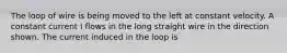 The loop of wire is being moved to the left at constant velocity. A constant current I flows in the long straight wire in the direction shown. The current induced in the loop is