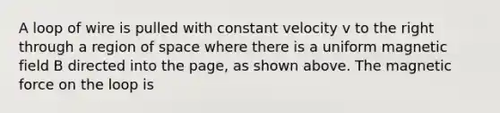 A loop of wire is pulled with constant velocity v to the right through a region of space where there is a uniform magnetic field B directed into the page, as shown above. The magnetic force on the loop is