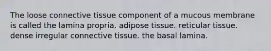 The loose connective tissue component of a mucous membrane is called the lamina propria. adipose tissue. reticular tissue. dense irregular connective tissue. the basal lamina.