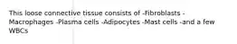 This loose connective tissue consists of -Fibroblasts -Macrophages -Plasma cells -Adipocytes -Mast cells -and a few WBCs