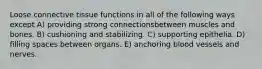 Loose connective tissue functions in all of the following ways except A) providing strong connectionsbetween muscles and bones. B) cushioning and stabilizing. C) supporting epithelia. D) filling spaces between organs. E) anchoring blood vessels and nerves.