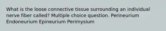 What is the loose connective tissue surrounding an individual nerve fiber called? Multiple choice question. Perineurium Endoneurium Epineurium Perimysium