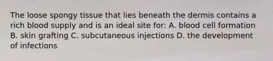 The loose spongy tissue that lies beneath the dermis contains a rich blood supply and is an ideal site for: A. blood cell formation B. skin grafting C. subcutaneous injections D. the development of infections