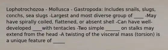 Lophotrochozoa - Mollusca - Gastropoda: Includes snails, slugs, conchs, sea slugs -Largest and most diverse group of ____ -May have spirally coiled, flattened, or absent shell -Can have well-developed ____with tentacles -Two simple ______ on stalks may extend from the head -A twisting of the visceral mass (torsion) is a unique feature of _____