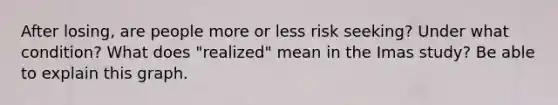 After losing, are people more or less risk seeking? Under what condition? What does "realized" mean in the Imas study? Be able to explain this graph.