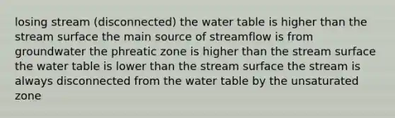 losing stream (disconnected) the water table is higher than the stream surface the main source of streamflow is from groundwater the phreatic zone is higher than the stream surface the water table is lower than the stream surface the stream is always disconnected from the water table by the unsaturated zone