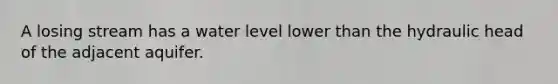 A losing stream has a water level lower than the hydraulic head of the adjacent aquifer.