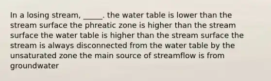 In a losing stream, _____. the water table is lower than the stream surface the phreatic zone is higher than the stream surface the water table is higher than the stream surface the stream is always disconnected from the water table by the unsaturated zone the main source of streamflow is from groundwater