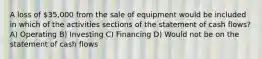 A loss of 35,000 from the sale of equipment would be included in which of the activities sections of the statement of cash flows? A) Operating B) Investing C) Financing D) Would not be on the statement of cash flows