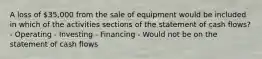 A loss of 35,000 from the sale of equipment would be included in which of the activities sections of the statement of cash flows? - Operating - Investing - Financing - Would not be on the statement of cash flows