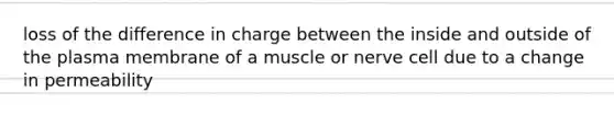 loss of the difference in charge between the inside and outside of the plasma membrane of a muscle or nerve cell due to a change in permeability