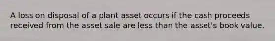 A loss on disposal of a plant asset occurs if the cash proceeds received from the asset sale are <a href='https://www.questionai.com/knowledge/k7BtlYpAMX-less-than' class='anchor-knowledge'>less than</a> the asset's book value.