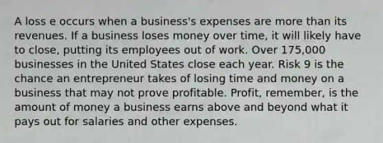 A loss e occurs when a business's expenses are more than its revenues. If a business loses money over time, it will likely have to close, putting its employees out of work. Over 175,000 businesses in the United States close each year. Risk 9 is the chance an entrepreneur takes of losing time and money on a business that may not prove profitable. Profit, remember, is the amount of money a business earns above and beyond what it pays out for salaries and other expenses.