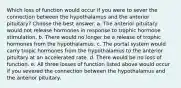 Which loss of function would occur if you were to sever the connection between the hypothalamus and the anterior pituitary? Choose the best answer. a. The anterior pituitary would not release hormones in response to trophic hormone stimulation. b. There would no longer be a release of trophic hormones from the hypothalamus. c. The portal system would carry tropic hormones from the hypothalamus to the anterior pituitary at an accelerated rate. d. There would be no loss of function. e. All three losses of function listed above would occur if you severed the connection between the hypothalamus and the anterior pituitary.