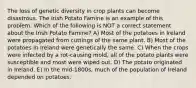 The loss of genetic diversity in crop plants can become disastrous. The Irish Potato Famine is an example of this problem. Which of the following is NOT a correct statement about the Irish Potato Famine? A) Most of the potatoes in Ireland were propagated from cuttings of the same plant. B) Most of the potatoes in Ireland were genetically the same. C) When the crops were infected by a rot-causing mold, all of the potato plants were susceptible and most were wiped out. D) The potato originated in Ireland. E) In the mid-1800s, much of the population of Ireland depended on potatoes.