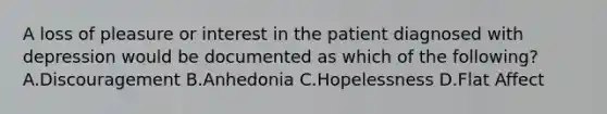 A loss of pleasure or interest in the patient diagnosed with depression would be documented as which of the following? A.Discouragement B.Anhedonia C.Hopelessness D.Flat Affect