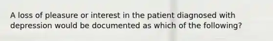 A loss of pleasure or interest in the patient diagnosed with depression would be documented as which of the following?