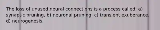 The loss of unused neural connections is a process called: a) synaptic pruning. b) neuronal pruning. c) transient exuberance. d) neurogenesis.