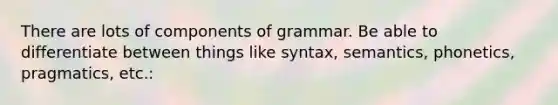 There are lots of components of grammar. Be able to differentiate between things like syntax, semantics, phonetics, pragmatics, etc.: