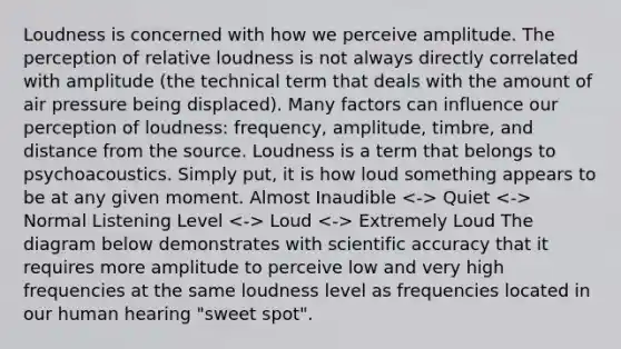 Loudness is concerned with how we perceive amplitude. The perception of relative loudness is not always directly correlated with amplitude (the technical term that deals with the amount of air pressure being displaced). Many factors can influence our perception of loudness: frequency, amplitude, timbre, and distance from the source. Loudness is a term that belongs to psychoacoustics. Simply put, it is how loud something appears to be at any given moment. Almost Inaudible Quiet Normal Listening Level Loud Extremely Loud The diagram below demonstrates with scientific accuracy that it requires more amplitude to perceive low and very high frequencies at the same loudness level as frequencies located in our human hearing "sweet spot".