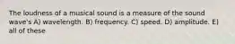 The loudness of a musical sound is a measure of the sound wave's A) wavelength. B) frequency. C) speed. D) amplitude. E) all of these