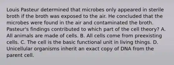 Louis Pasteur determined that microbes only appeared in sterile broth if the broth was exposed to the air. He concluded that the microbes were found in the air and contaminated the broth. Pasteur's findings contributed to which part of the cell theory? A. All animals are made of cells. B. All cells come from preexisting cells. C. The cell is the basic functional unit in living things. D. Unicellular organisms inherit an exact copy of DNA from the parent cell.