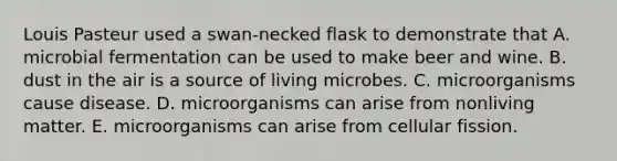 Louis Pasteur used a swan-necked flask to demonstrate that A. microbial fermentation can be used to make beer and wine. B. dust in the air is a source of living microbes. C. microorganisms cause disease. D. microorganisms can arise from nonliving matter. E. microorganisms can arise from cellular fission.