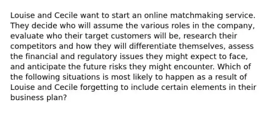 Louise and Cecile want to start an online matchmaking service. They decide who will assume the various roles in the company, evaluate who their target customers will be, research their competitors and how they will differentiate themselves, assess the financial and regulatory issues they might expect to face, and anticipate the future risks they might encounter. Which of the following situations is most likely to happen as a result of Louise and Cecile forgetting to include certain elements in their business plan?