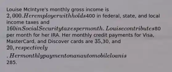 Louise McIntyre's monthly gross income is 2,000. Her employer withholds400 in federal, state, and local income taxes and 160 in Social Security taxes per month. Louise contributes80 per month for her IRA. Her monthly credit payments for Visa, MasterCard, and Discover cards are 35,30, and 20, respectively. Her monthly payment on an automobile loan is285.