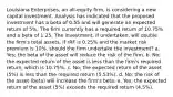 Louisiana Enterprises, an all-equity firm, is considering a new capital investment. Analysis has indicated that the proposed investment has a beta of 0.55 and will generate an expected return of 5%. The firm currently has a required return of 10.75% and a beta of 1.25. The investment, if undertaken, will double the firm's total assets. If rRF is 0.25% and the market risk premium is 10%, should the firm undertake the investment? a. Yes; the beta of the asset will reduce the risk of the firm. b. No; the expected return of the asset is less than the firm's required return, which is 10.75%. c. No; the expected return of the asset (5%) is less than the required return (5.53%). d. No; the risk of the asset (beta) will increase the firm's beta. e. Yes; the expected return of the asset (5%) exceeds the required return (4.5%).