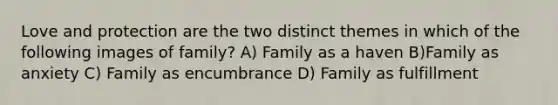 Love and protection are the two distinct themes in which of the following images of family? A) Family as a haven B)Family as anxiety C) Family as encumbrance D) Family as fulfillment